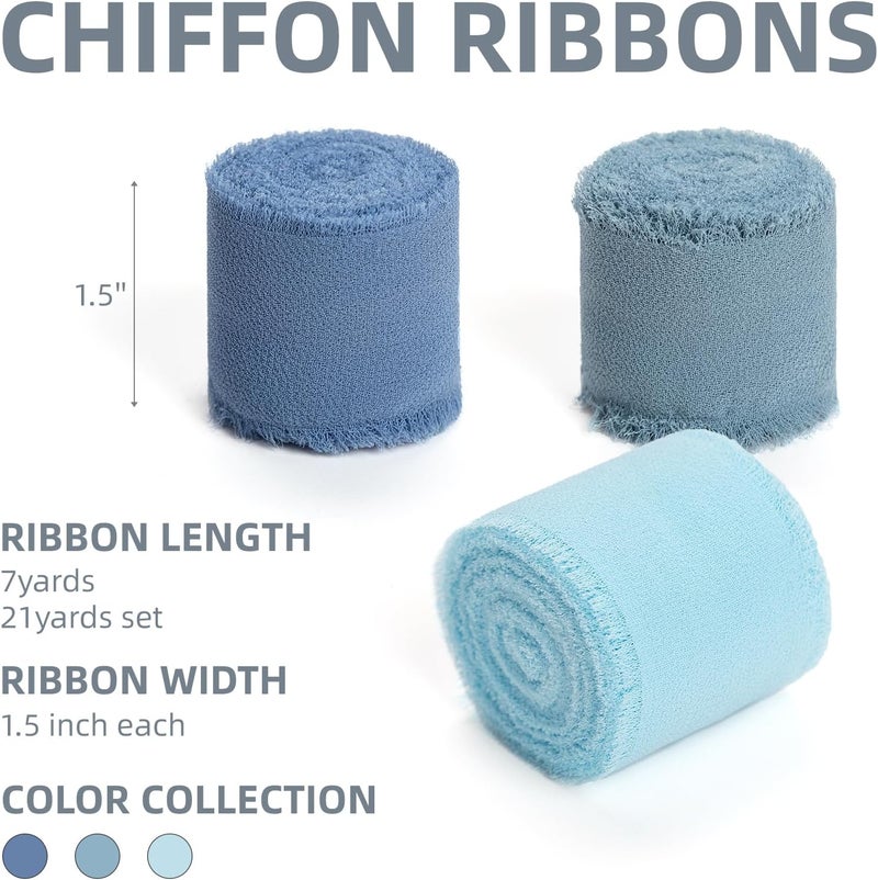 KEOSREE Baby Blue Dusty Blue Handmade Chiffon Ribbon,1.5" x 21Yd Frayed Silk Ribbons for Wreaths Bridal Flower Bouquet Christmas Gift Wrapping Wedding Decor Invitations Decorations (7Yards X 3 Rolls) - Image 2